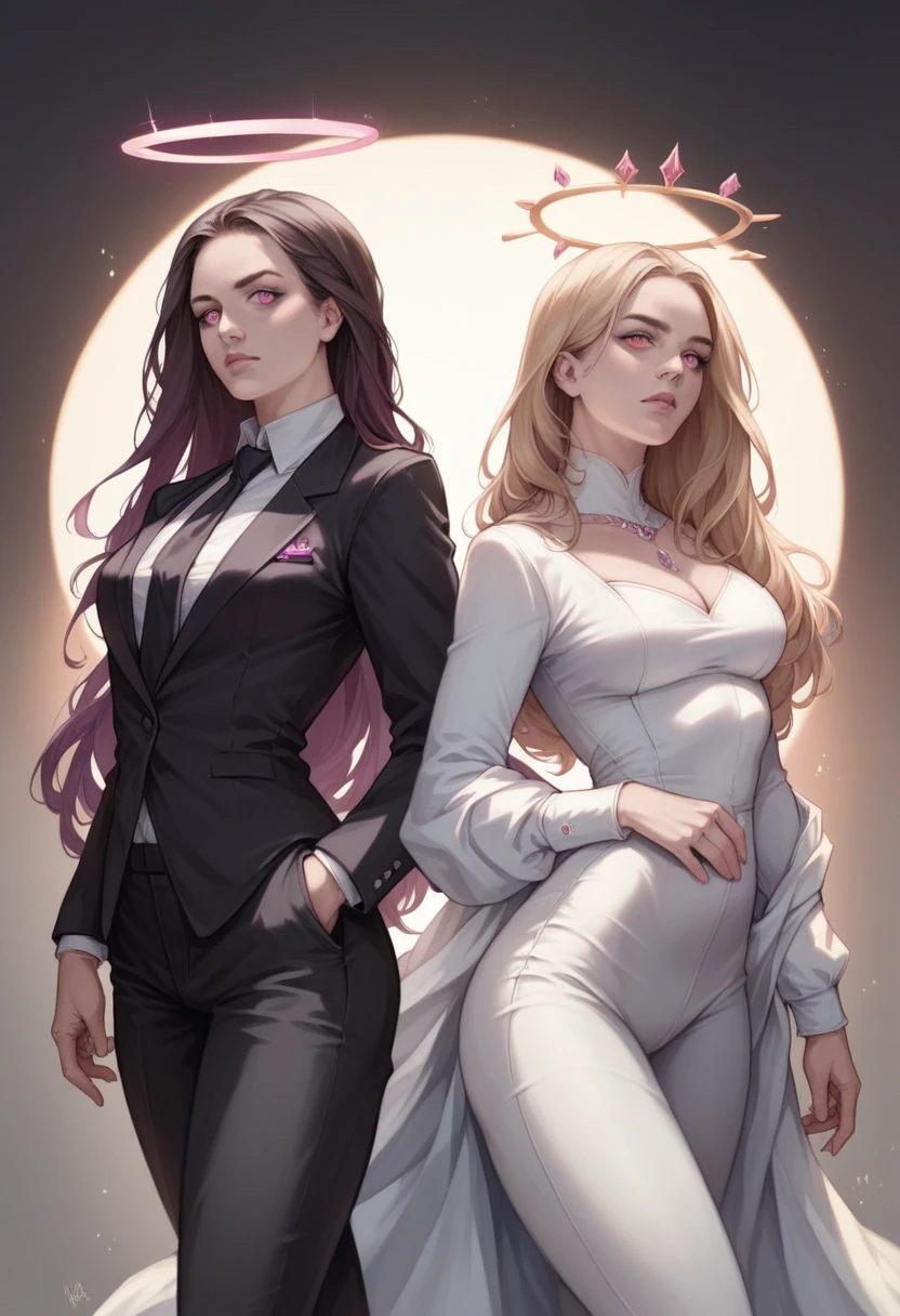 beautiful young woman, Physical lithium, Long hair, messy and peachy, magenta eyes, halo, corona, White shirt, black tie, black jacket, Black pants, Suit and tie, medium breasts, big ass, thighs, Very detailed, 8k, photorealistic, dramatic lighting, cinematographic, elegant, fashion portrait, combine, mariposa, Alas,