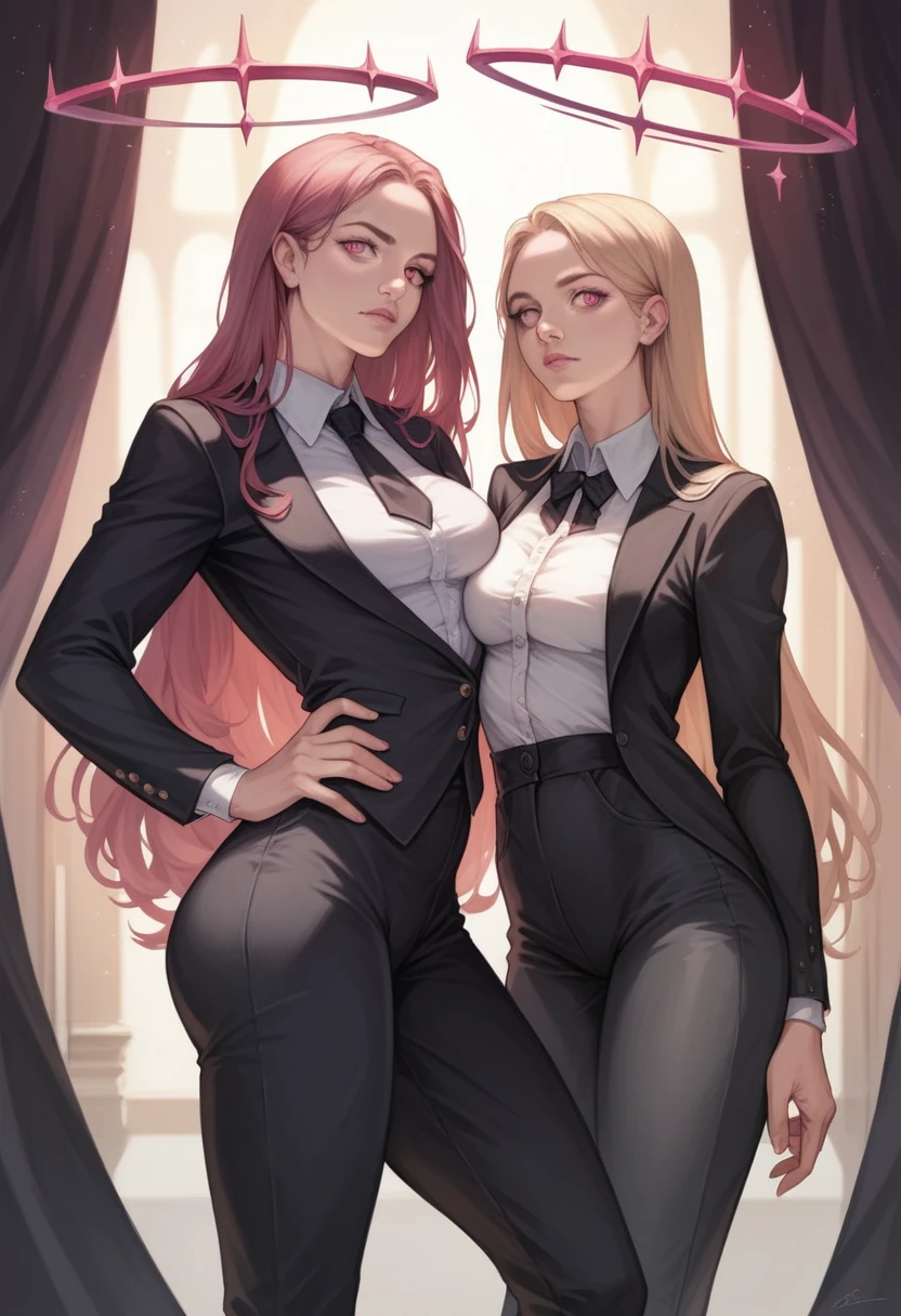 beautiful young woman, Physical lithium, Long hair, messy and peachy, magenta eyes, halo, corona, White shirt, black tie, black jacket, Black pants, Suit and tie, medium breasts, big ass, thighs, Very detailed, 8k, photorealistic, dramatic lighting, cinematographic, elegant, fashion portrait, combine, mariposa, Alas,