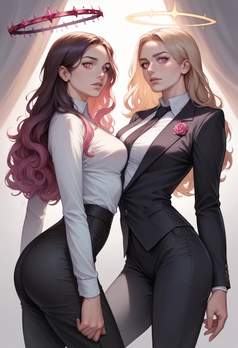 beautiful young woman, Physical lithium, Long hair, messy and peachy, magenta eyes, halo, corona, White shirt, black tie, black jacket, Black pants, Suit and tie, medium breasts, big ass, thighs, Very detailed, 8k, photorealistic, dramatic lighting, cinematographic, elegant, fashion portrait, combine, mariposa, Alas,