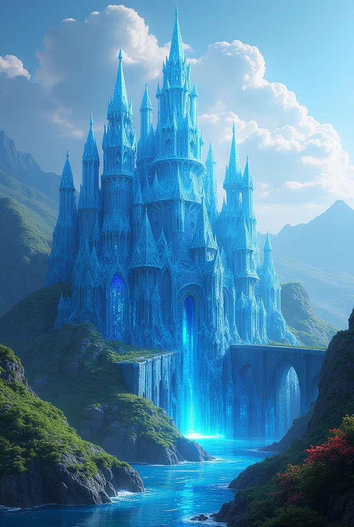 Glass blue castle in a beautiful fantasy world