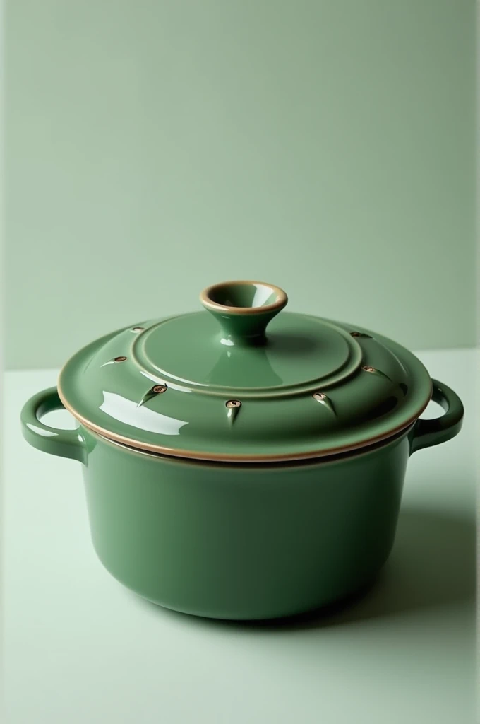 Green pot with lid with 4 holes in the lid and 1 small one in the middle for ventilation