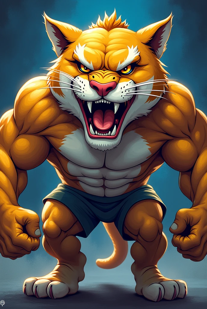 Angry and muscular unrealistic cougar animation for college athletics on blue and yellow background
