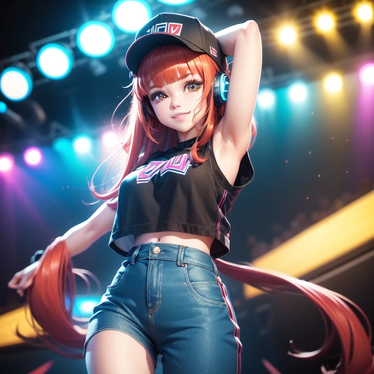 +sparkle+ 1_girlsolo, anime girl, long red hair, short bangs, baseball cap, blue jumpsuit headphones, live audience, lighting,stage,(best quality:1.2),(ultra-detailed:1.2),(realistic:1.37),HDR,vivid colors,portraits, figure,headphone girl,anime style, atmosphere,techno music,electronic dance music,festival vibes,hip hop beats,festival outfit,energetic dance moves,expressive eyes,hairstyle with vibrant colors,neon lights,beaming smile,positive vibes,high-energy performance,stylized backgrounds,colorful visuals,excitement in the air, arms behind head