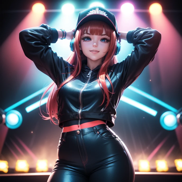 +sparkle+ 1_girlsolo, anime girl, long red hair, short bangs, baseball cap, blue jumpsuit headphones, live audience, lighting,stage,(best quality:1.2),(ultra-detailed:1.2),(realistic:1.37),HDR,vivid colors,portraits, figure,headphone girl,anime style, atmosphere,techno music,electronic dance music,festival vibes,hip hop beats,festival outfit,energetic dance moves,expressive eyes,hairstyle with vibrant colors,neon lights,beaming smile,positive vibes,high-energy performance,stylized backgrounds,colorful visuals,excitement in the air, arms behind head 