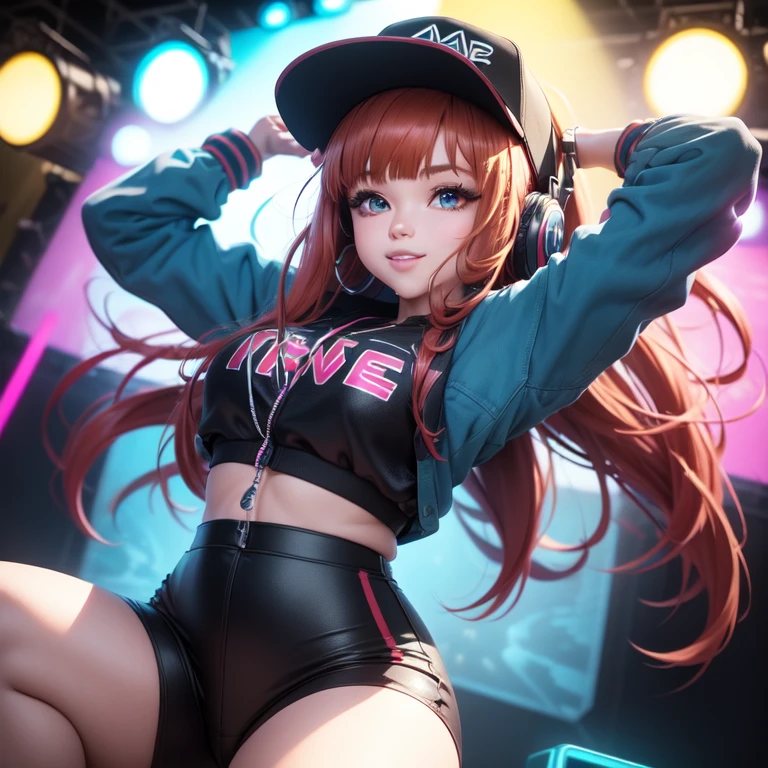 +sparkle+ 1_girlsolo, anime girl, long red hair, short bangs, baseball cap, blue jumpsuit headphones, live audience, lighting,stage,(best quality:1.2),(ultra-detailed:1.2),(realistic:1.37),HDR,vivid colors,portraits, figure,headphone girl,anime style, atmosphere,techno music,electronic dance music,festival vibes,hip hop beats,festival outfit,energetic dance moves,expressive eyes,hairstyle with vibrant colors,neon lights,beaming smile,positive vibes,high-energy performance,stylized backgrounds,colorful visuals,excitement in the air, arms behind head 