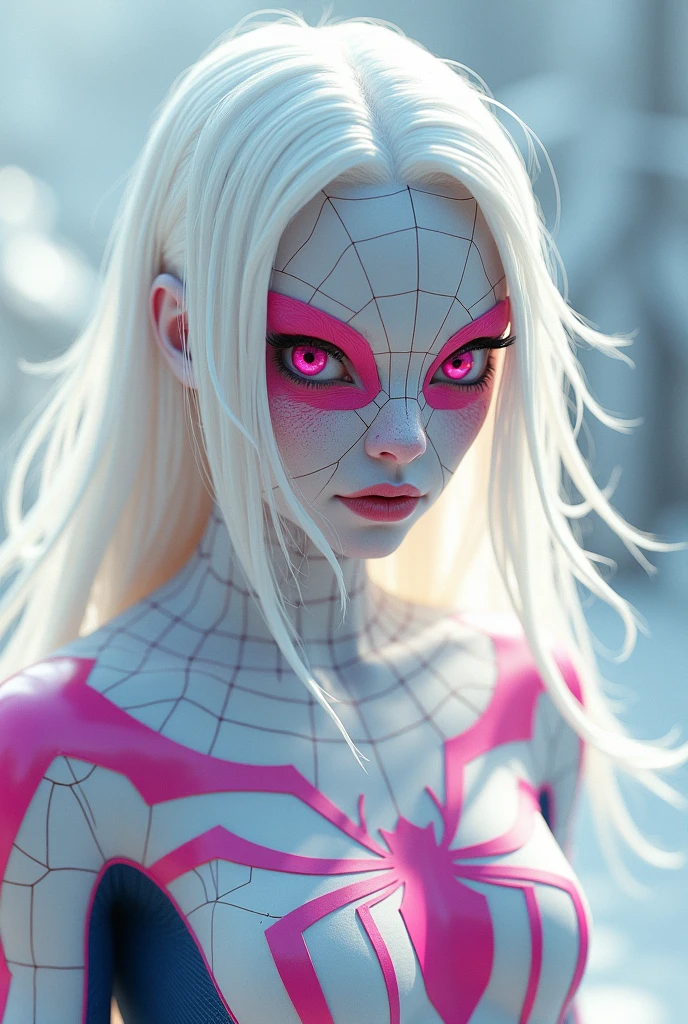 Spiderman has long white hair, white skin, vitiligo, pink eyes, and wears a white Spiderman suit with pink and blue stripes. 