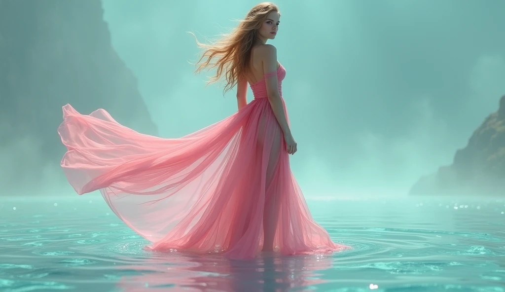 Emma Watson full body, long golden hair in a seductive pose, long and fluid transparent pink dress that reveals her semi-naked body, standing on crystal clear water that reflects her sculptural semi-naked body, high resolution 8k. hdr 12