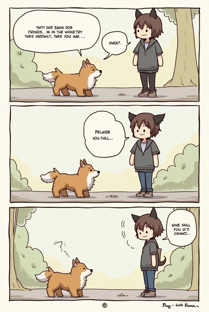 as if it were a comic strip, a dog meets a person again and gets nervous 