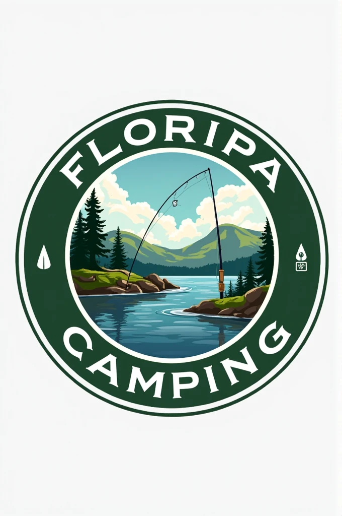 "Develop a round logo for the store 'Floripa Camping', realistic with a focus on fishing and survival. The design should highlight elements related to fishing, like a fishing rod, a fish or a hook, in order to clearly communicate the store's specialization. The style must be impactful, but at the same time simple and modern, ensuring that the name 'Floripa Camping' is easily readable. Use a color palette inspired by nature, with predominant greens and blues, to reflect the outdoor environment. The logo must be versatile, suitable for different sizes and applications, from signage to promotional materials."