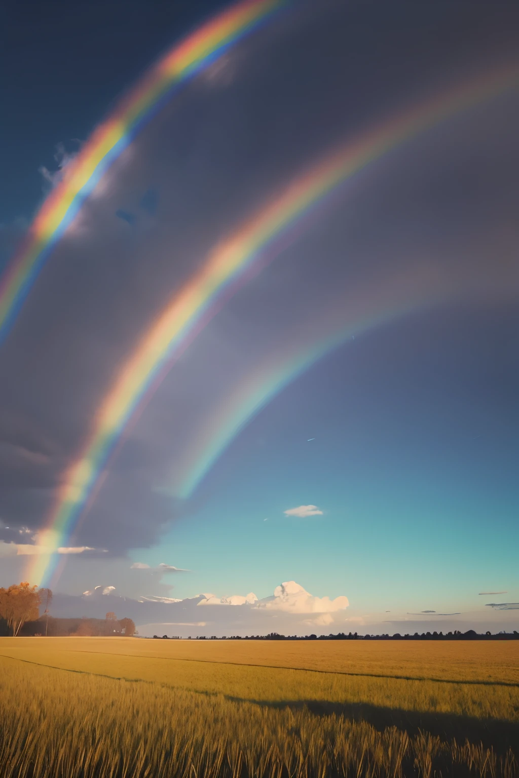 Vertical photo of a grass field with clear skies and a rainbow. The main focus is on the sky. No trees or anything else.