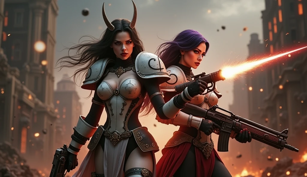 Full body pose sexy sisters of battle from the warhammer 40k, shooting at the enemy, white armor with intricate details, red armor with intricate details, religous symbols on the armor, sisters of battle, warhammer 40k, Massive silicone breast, pale skin, seductive, temptation, eat your soul, clevage, long flowing black hair with purple highlights, heavy gothic makeup, at night, neon, beautiful detailed eyes, beautiful detailed lips, extremely detailed eyes and face, long eyelashes, highly detailed armor, intricate futuristic weaponry, dramatic lighting, cinematic composition, muted color palette, gritty and realistic, mecha, science fiction, hyper-detailed, photorealistic, award winning digital art, 8k, HDR, masters work, in the middle of a battle field, full body combat action pose, explosions and fire around, full war, stunning, Stilleto heels, high heels, full body pose, cinematic, movie trailer, final stand!, nemesis, ready to strike, dust and debree, combat screams, attacking, shooting at the enemy, running forward, last line of defense, charging, fanatic, religious, templar knights, sisters of battle, warhammer 40k