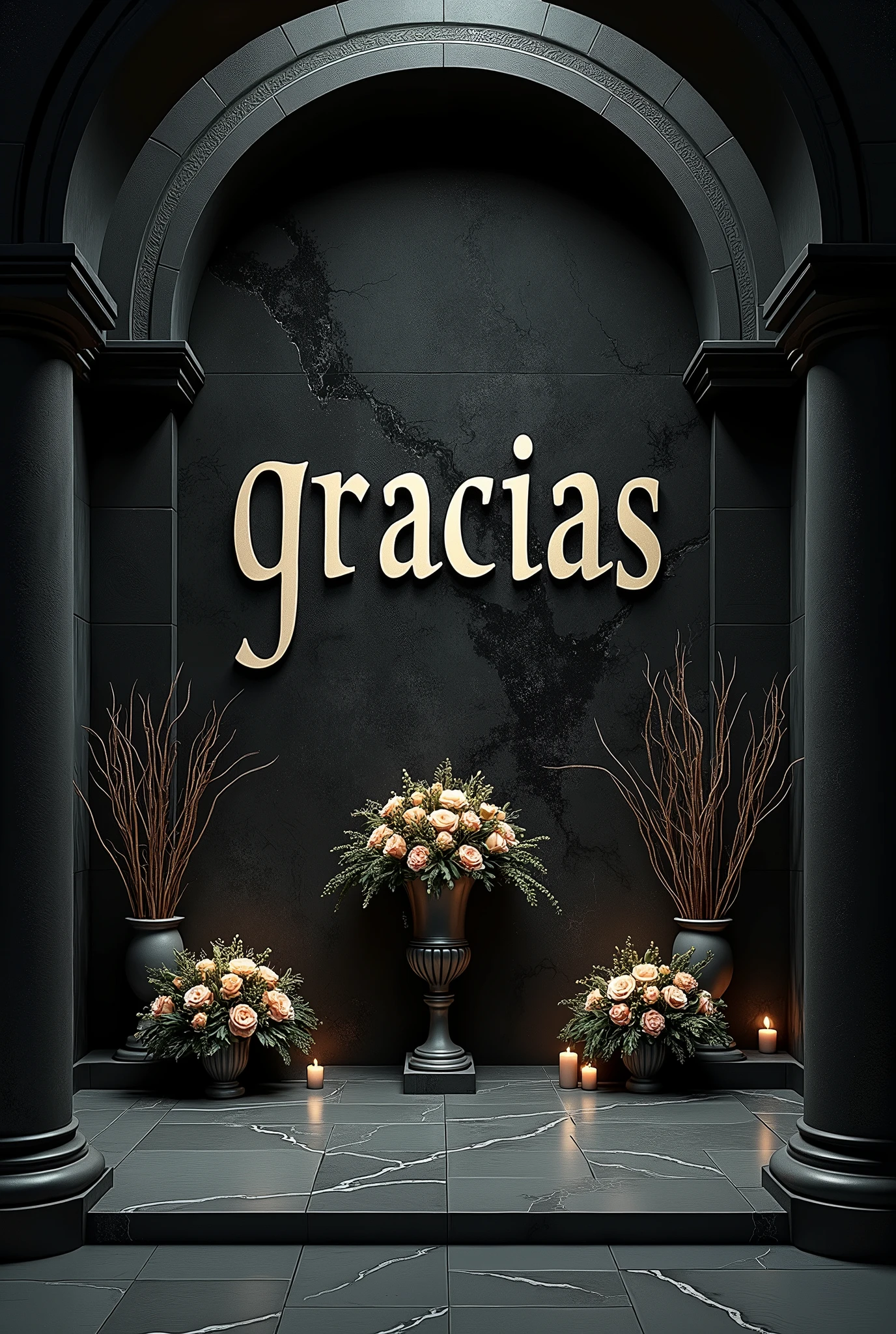 in letters the word thank you in Spanish with a design of a funeral home 