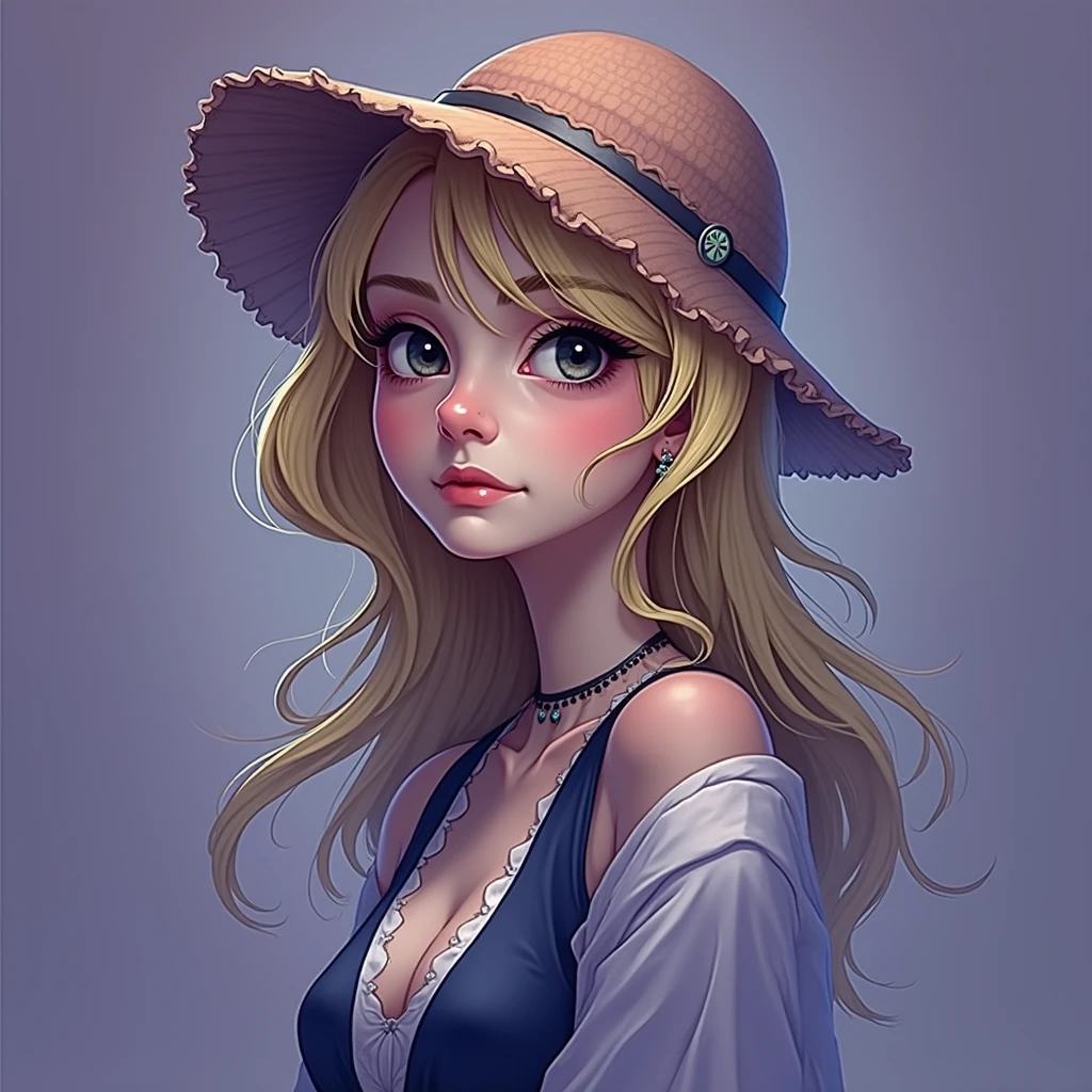 Face off a woman quiet realistic with blond hair and dark eyes and with a little bit off button