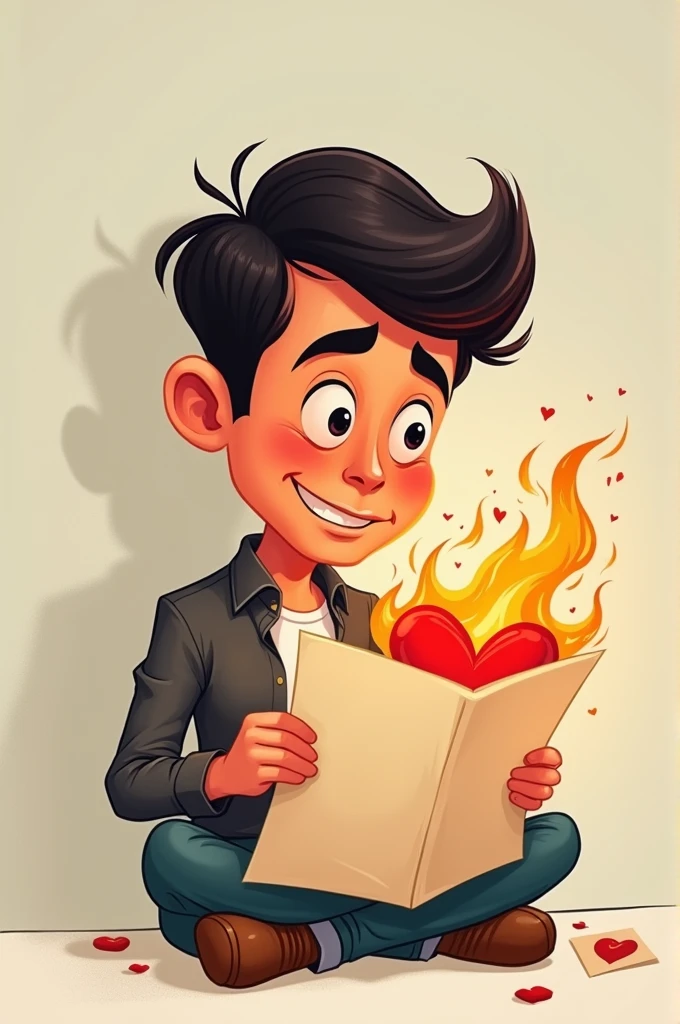 Cartoon style image of a man reading a letter, with the heart on fire