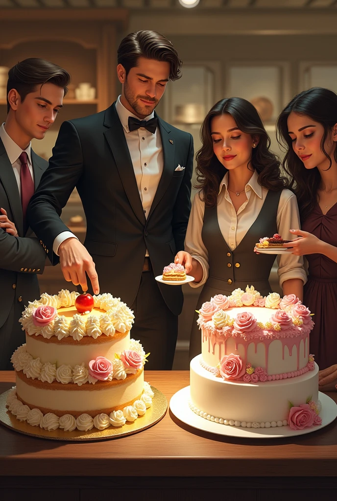 MAKE A PICTURE OF A CAKE WHICH HAS A HIGH PRICE , AND WHICH IS BOUGHT BY A PERSON WITH MONEY AND THE SAME CAKE WITH A LOWER PRICE BOUGHT BY PEOPLE WITH FEW RESOURCES
