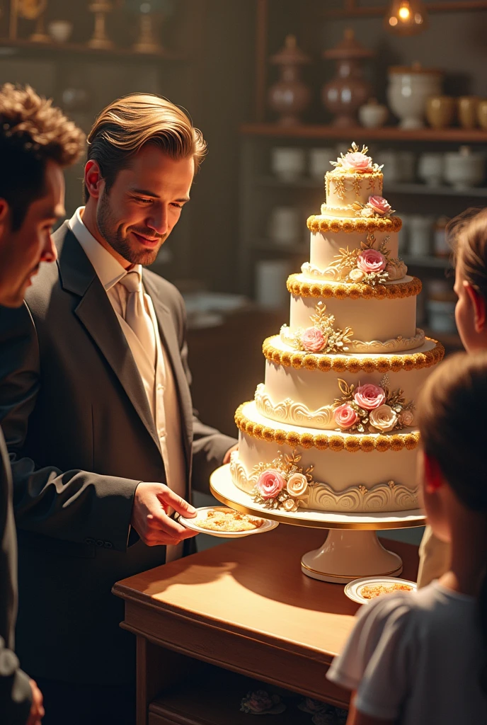 MAKE A PICTURE OF A CAKE WHICH HAS A HIGH PRICE , AND WHICH IS BOUGHT BY A PERSON WITH MONEY AND THE SAME CAKE WITH A LOWER PRICE BOUGHT BY PEOPLE WITH FEW RESOURCES