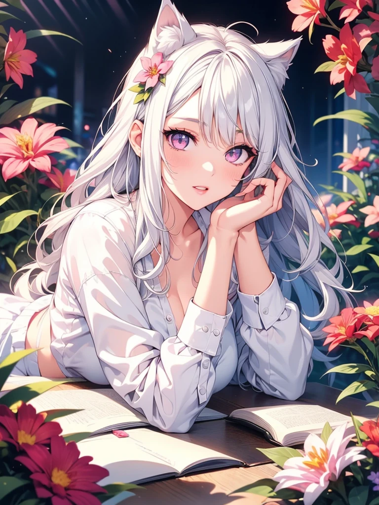 Cat ear, a woman with long silvery white hair, pale pink lips,intellectual, pink eyes, 1 girl, beautiful detailed eyes, beautiful detailed lips, extremely detailed eyes and face, long eyelashes, flower garden, lying down, shirt, skirt