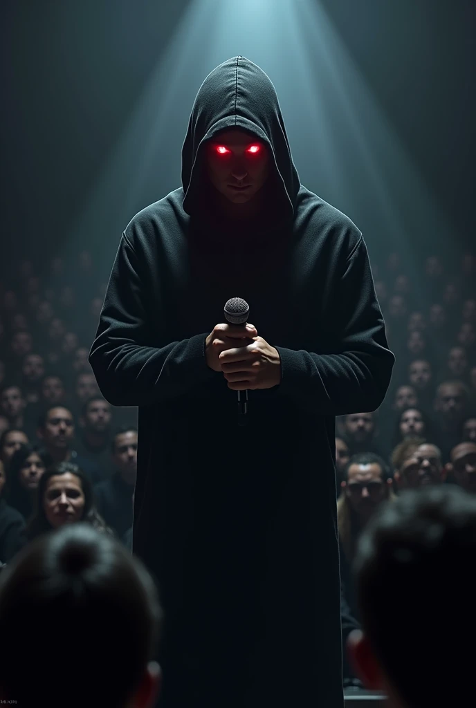 A hooded white man with a black hoodie and blond short hair up coming out of the hood with red glowing eyes and a crowd sitting in the dark with him holding a microphone.