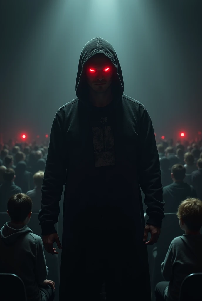 A hooded white man with a black hoodie and blond short hair up coming out of the hood with red glowing eyes and a crowd sitting in the dark with him holding a microphone.