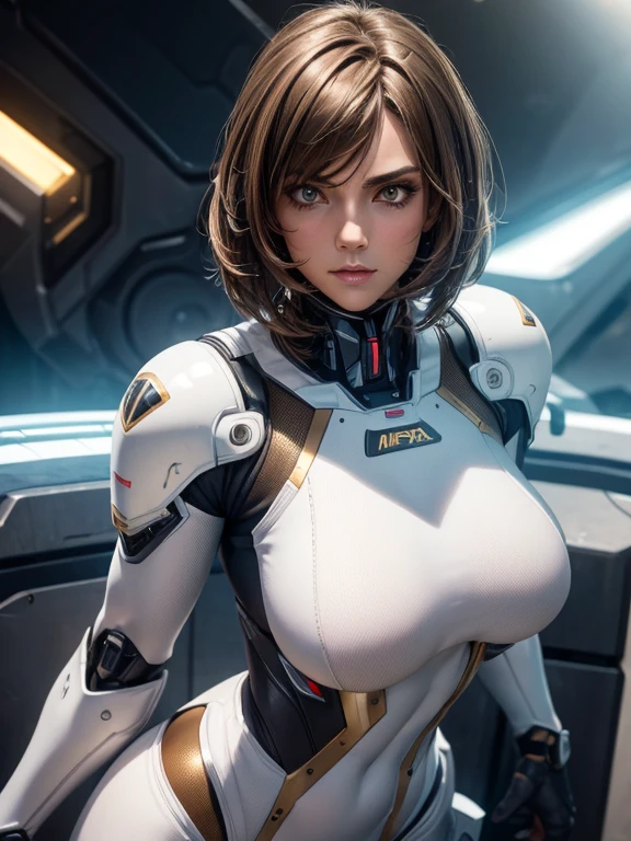 masterpiece, best quality, ultra realistic, hyper-detailed, 8k resolution, RAW photo, sharp focus, (1girl), solo, gorgeous face, perfect body, mature female, 25yo,  portrait, mecha, white armor, nanosuit, sexy, golden brown messy hair, round breasts, wide hips, cinematic, cinematic light, dark theme, 