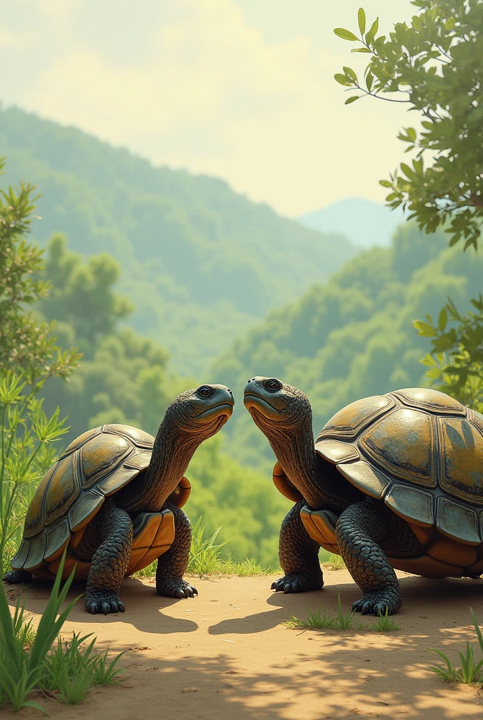 2D drawing , Old female turtle returns from Paris to meet her turtle husband in Peru
