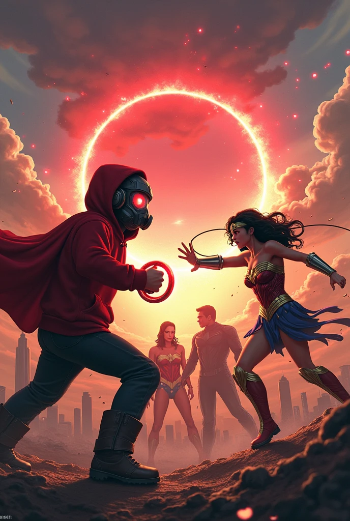 Young Star-lord with red hoodie, headphones, star-lord helmet, gas helmet, covered mouth, round red eyes, Red eyes, magic rings in the hands and rocket boots, Vs, Wonder woman (Big tits), Vs Avengers, Fighting, power, fiction, full body, 4 persons, magic lasso, hight, fall, fire in boots, poweful spells, fighting, realistic, helmet, mask, punch, gun, flying in the sky, red magic portal, view of the city from above