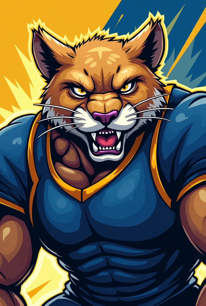 Angry and muscular unrealistic cougar animation for college athletics on blue and yellow background