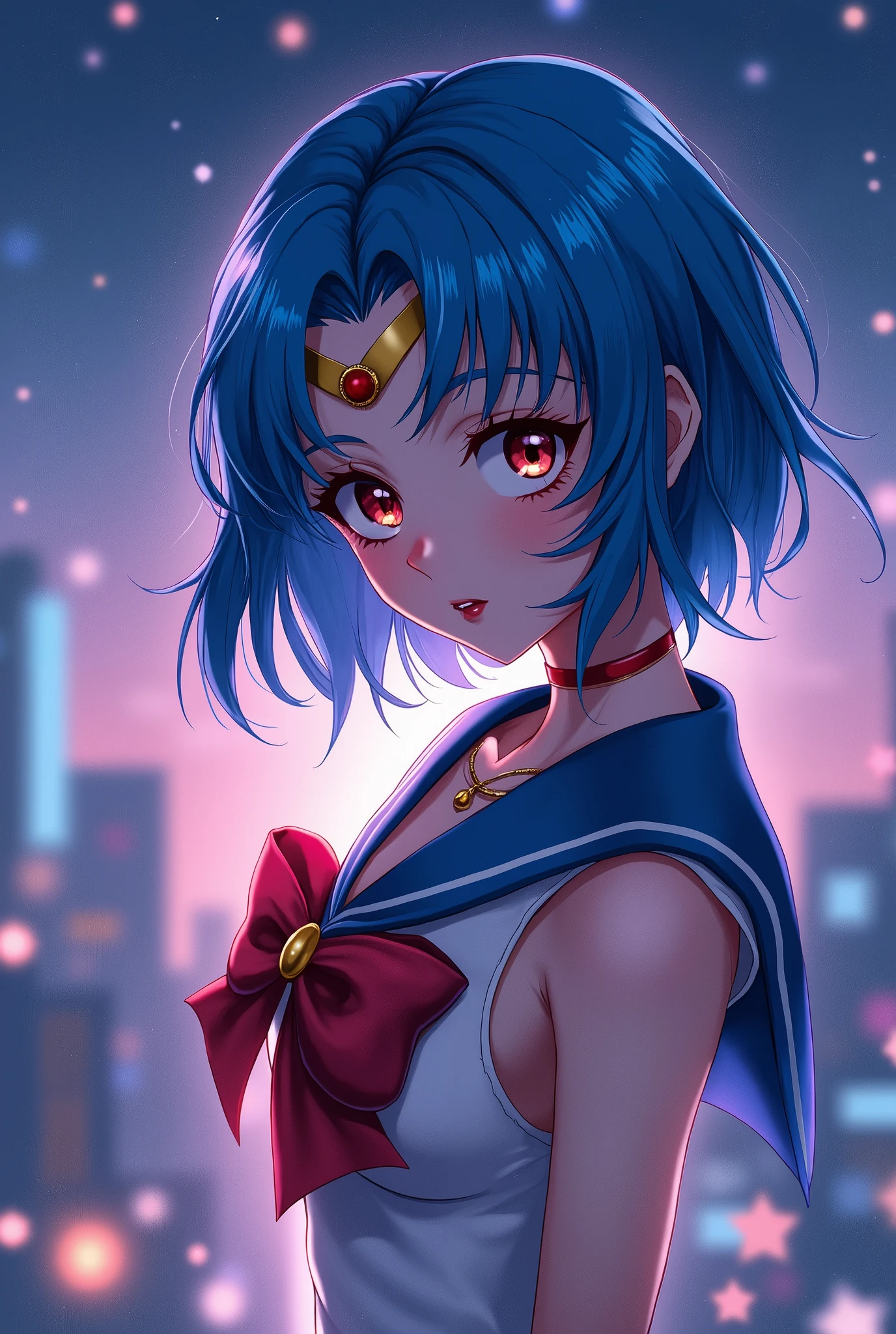 solo, 1girl), (absurdres, highres, official wallpaper, poster), (masterpiece, best quality:1.2), (illustration, realistic), (perfect details, highest detailed, extreme detailed), dramatic light, AmiMizuno, (sailor mercury, neck ribbon, blue hair, short hair, circlet, jewelry, crescent earrings), (city, starry sky), (seductive smile, blush, standing)