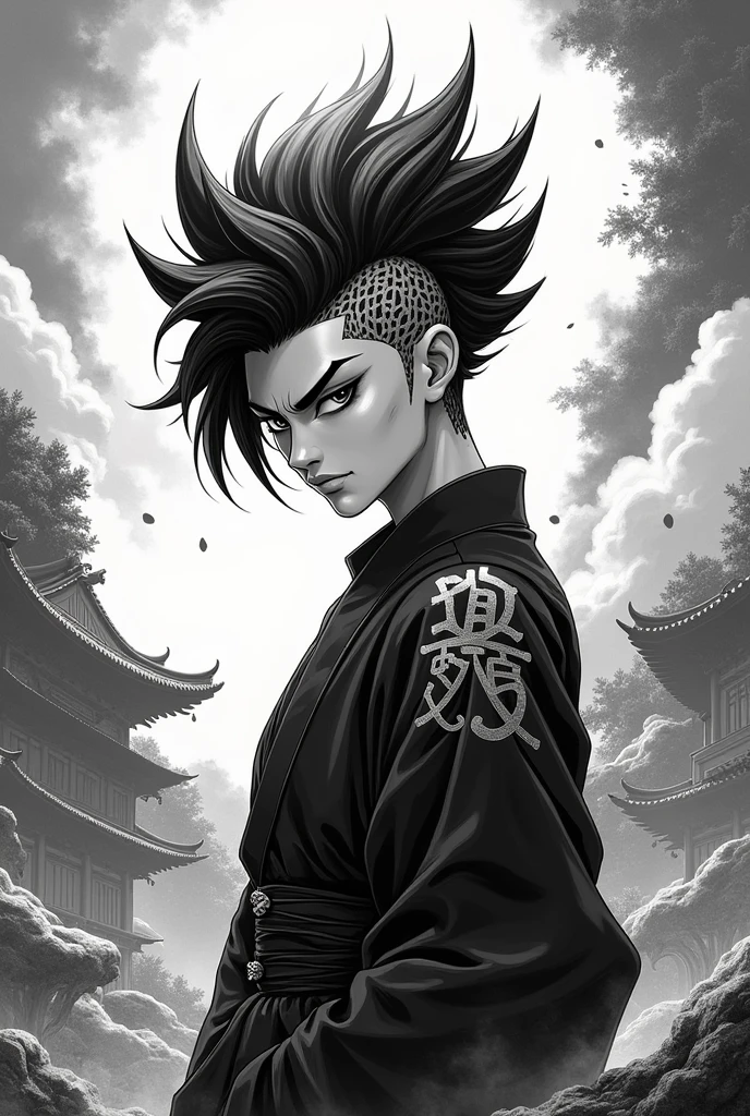 Make a JoJo no Kimyo na Boken inspired character with Korean hair, I want the art in black and white 
