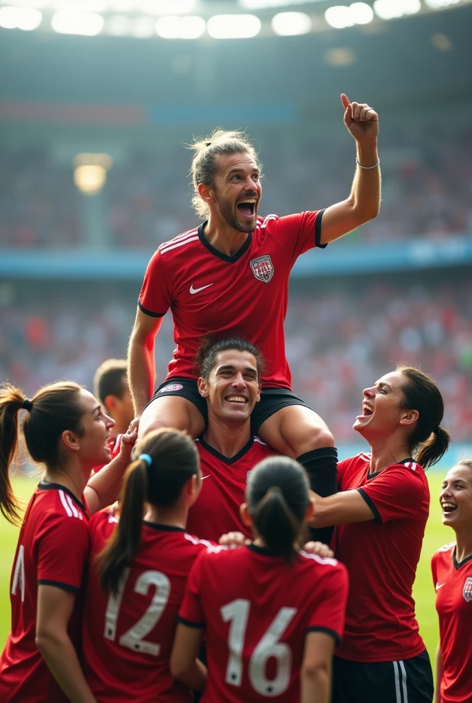 A british womans football match where the woman are carrying their male manager in celebration he is in his late 30s