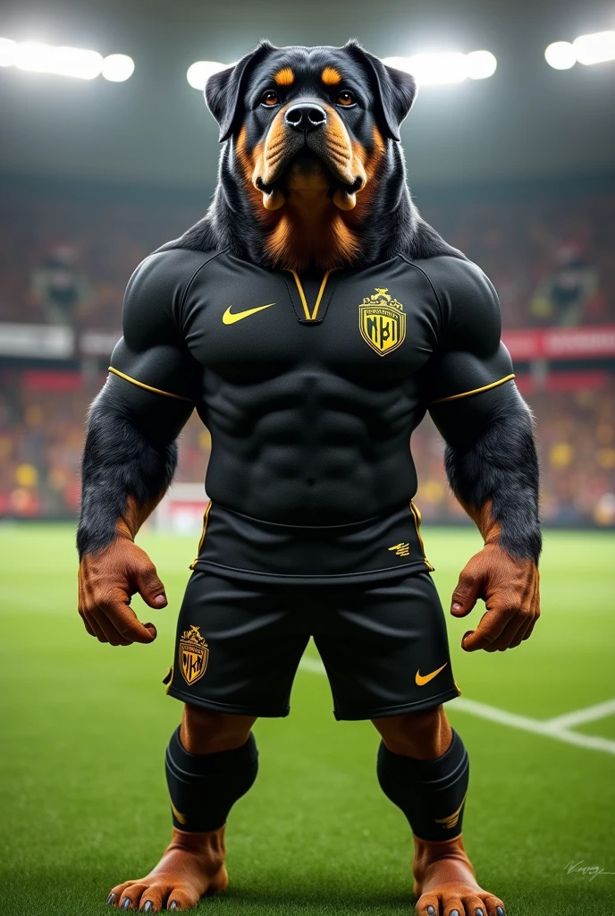 A Rottweiler as a mascot for a soccer team in a black and gold uniform