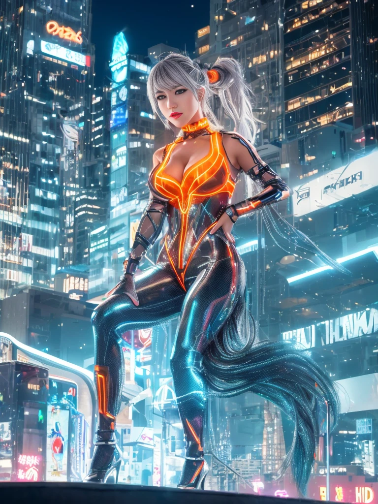 Cyber City at Night,(Gorgeous night view illumination:1.3),(Stand on the roof of a building:1.3)The actress is a very beautiful adult woman.......(Sexy super shiny orange transparent holographic mechanical cyberpunk suit:1.3) ,(Mechanical suit that lights up with brightly colored LEDs:1.3),Surrounded by a network of wires. Surrounded by a web of circuits.Sexy face, a necklace,piercings, Happy smile.Sexy Pose, (Silver hair、Ponytail twisted buns adorned with elaborate braids and beads,Braided Setup Fishbone Hair,),(Bangs are see-through bangs),(hair pin、poneyTail、Floating hair、),breast slip,(Emphasis on large breasts:1.3),profetional lighting,Cinematic Light,(masutepiece,top-quality,Ultra-high resolution output image,) ,(The 8k quality,),(Sea Art 2 Mode:1.3),,(Image Mode Ultra HD,)