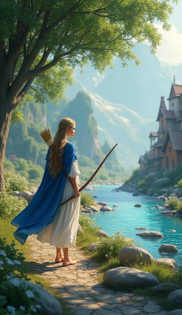 Full body portrait. A beautiful elven woman carrying a bow and arrow wearing blue and white clothes, walking towards the elven village. The background is a beautiful river full of rocks with a big tree on the side and in front of her is a very beautiful elven village. This scene is a very detailed and professional 3D digital art masterpiece.