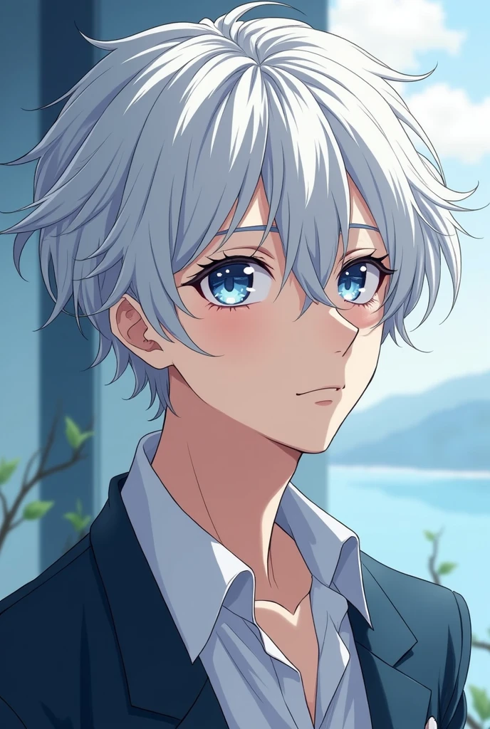 Anime of a 20 year old young man with white hair and blue eyes
