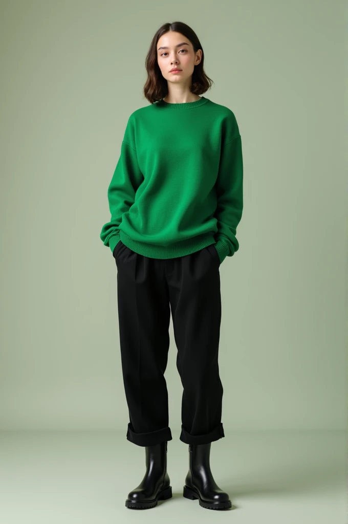 person with green sweater, black cloth pants black boots 
