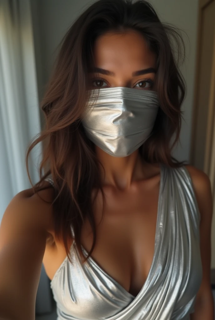 Aesthetic Girl blindfolded Duct tape gagged in sexy silver shimmering saree Taking selfie duct tape gagged