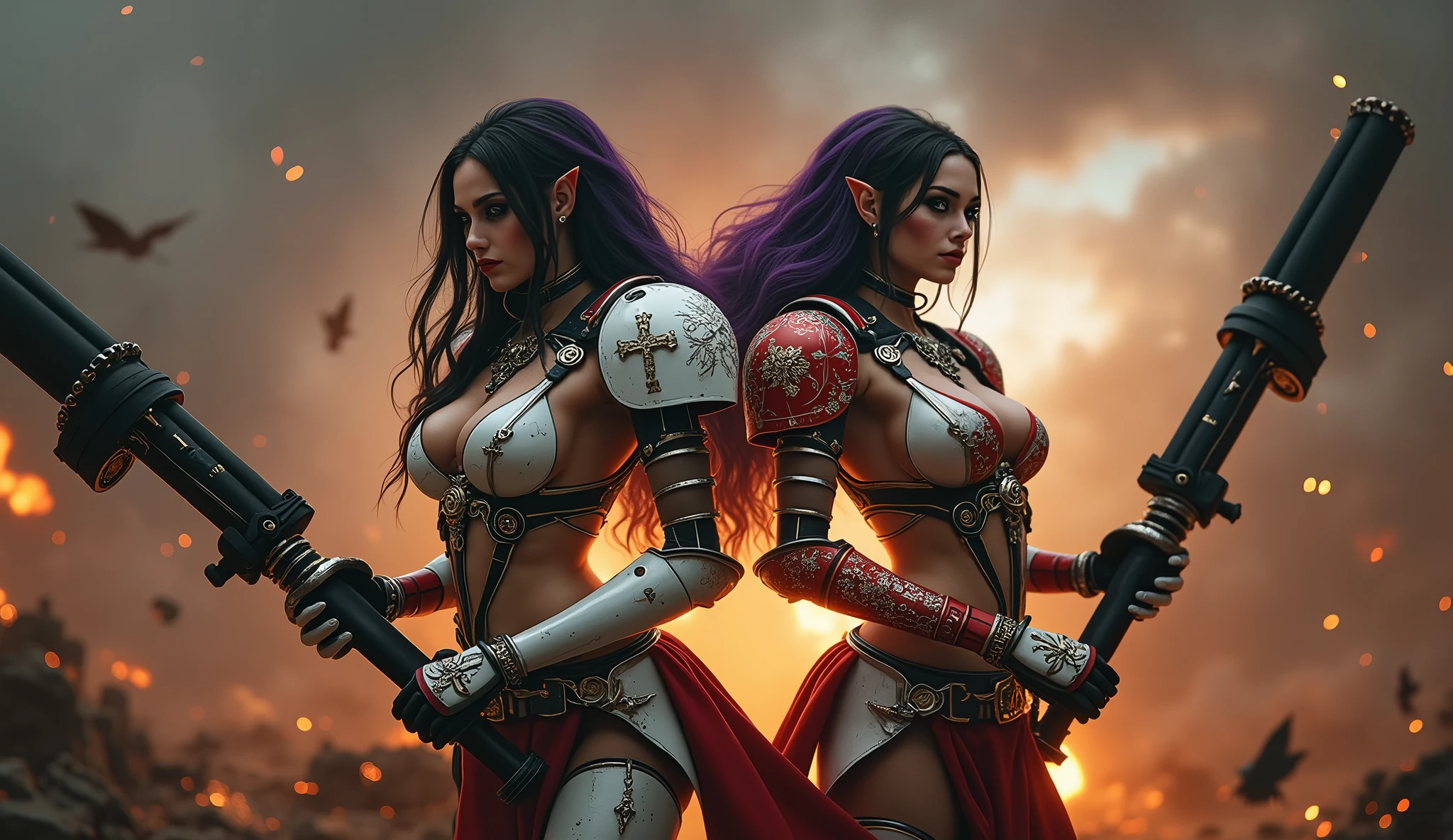 Full body pose sexy sisters of battle from the warhammer 40k, shooting at the enemy, white armor with intricate details, red armor with intricate details, religous symbols on the armor, sisters of battle, warhammer 40k, Massive silicone breast, pale skin, seductive, temptation, eat your soul, clevage, long flowing black hair with purple highlights, heavy gothic makeup, at night, neon, beautiful detailed eyes, beautiful detailed lips, extremely detailed eyes and face, long eyelashes, highly detailed armor, intricate futuristic weaponry, dramatic lighting, cinematic composition, muted color palette, gritty and realistic, mecha, science fiction, hyper-detailed, photorealistic, award winning digital art, 8k, HDR, masters work, in the middle of a battle field, full body combat action pose, explosions and fire around, full war, stunning, Stilleto heels, high heels, full body pose, cinematic, movie trailer, final stand!, nemesis, ready to strike, dust and debree, combat screams, attacking, shooting at the enemy, running forward, last line of defense, charging, fanatic, religious, templar knights, sisters of battle, warhammer 40k
