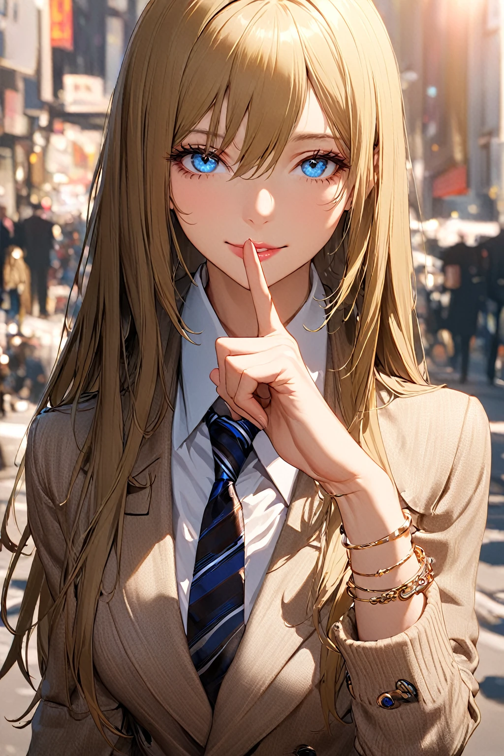 Long Hair, (blue eyes:1.3), Blonde, Hair between the eyes, smile,Mannish Fashion,
Long coat, skinny pants, jewelry,Transparent black and brown vertical stripes , Striped, bracelet, Plaid, Plaid skirt, Striped necktie, Collared shirt, (Light brown sweater:1.2),
break downtown,sunlight,
break looking at viewer, (Cowboy Shot),
break (masterpiece:1.2), Highest quality, High resolution, unity 8k wallpaper, (shape:0.8), (Beautiful attention to detail:1.6), Highly detailed face, Perfect lighting, Extremely detailed CG, (Perfect hands, Perfect Anatomy),Place index finger on lips、(5Finger)