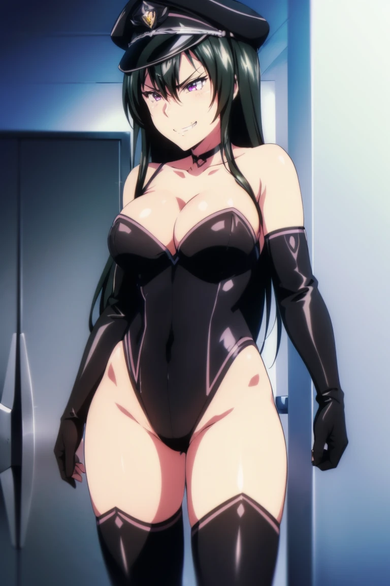 beautiful, masterpiece, ultra detailed, extremely detailed, ultra high res, 8k, beautiful detailed face, anime screencap, heart shaped face woman, (black hair:1.2), long hair, hair between eyes, large breasts, fearless face, sharp face, slant eyes, cat eyes, 170cm tall, adult, perfect proportion, (((black high-leg leotard))), (((bare shoulder))), cleavage, (((thigh boots))), choker, (((military cap))), anime style, extremely ultra detailed beautiful face and eyes, front view, raw phot, incredibly absurdres, Beautiful portrait of cute anime girls, super fine illustration, full-hd, hdr, best aesthetic, distinct, exquisite, masterwork, by famous artist, highers, (((perfect anatomy))), mocking, (((rape face))), (((evil grin))), intense eyes, sadistic, gleaming skin, oil skin, slut face, full-face blush, smirking, mischievous grin, furrowed mouth, both legs, pouty lips, downturned corners, rosy hue, grin widely, cheeky smirk, (((bad-tempered glare))), gloating, crazy smile, scary face, cruel smile, fang, connected teeth,, (((elbow gloves))), (((big connected teeth)), glare, grimace, smirk, (((scowling face))), smile broadly, symmetrical eyes, even eyes, perfect eyes, (((squinting eyes))), deep detailed eyes, shiny clothes, 1girl, solo, smug, smile grimly, (((dimpled smile))), pink eyes, (((upper body shot and standing))), (((laugh))), (((pleasure face))), (((brutality face))), (((scary face))), (((fang))), super detailed skin, official art, production art, top quality, high quality, amazing quality, finely quality, fantastic, professional quality, perfect hands, perfect arms, both arms, two arms, both hands, two hands, cleavage cutout, bare collarbone, shiny hair, anime best girl, 