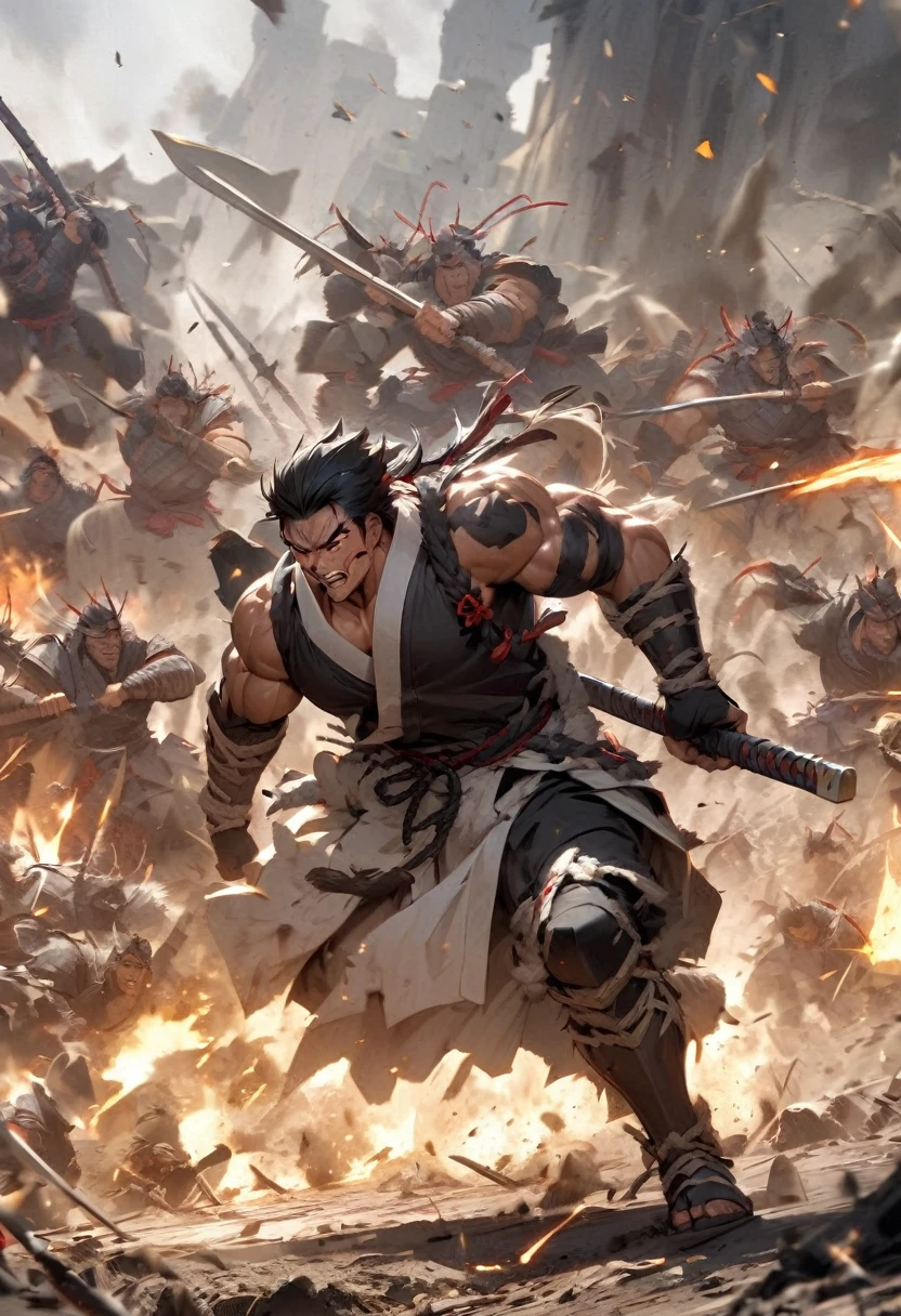A powerful and muscular samurai charging forward on a battlefield, holding the 'Tombogiri' spear with unstoppable force. The background shows fallen enemies and a chaotic battle."