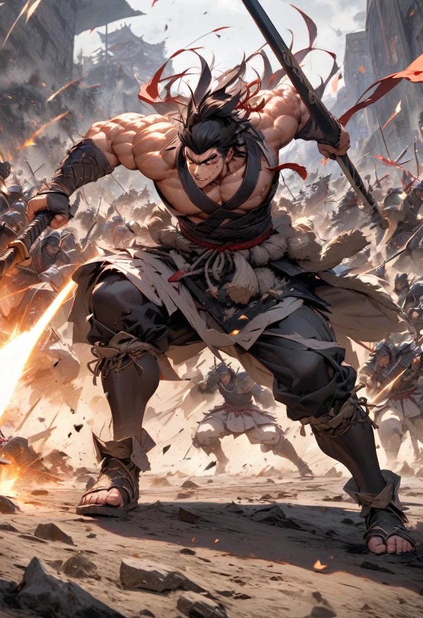 A powerful and muscular samurai charging forward on a battlefield, holding the 'Tombogiri' spear with unstoppable force. The background shows fallen enemies and a chaotic battle."