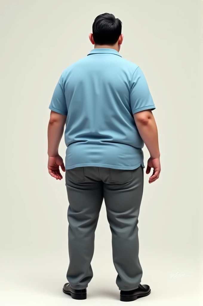Make me a picture of a slightly chubby man with pale skin, that is, white, with jet black hair, a short-sleeved light blue polo shirt, gray jeans, and black dress shoes, visible from behind.