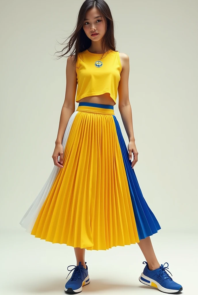 Design a pleated skirt model, wide planks and in the division combine it with yellow color, above the ilban surrounded with yellow ribbon and the yellow blouse combined with white and some blue sherleader-type design for a sports girl with the colors of yellow Brazil, blue and white.