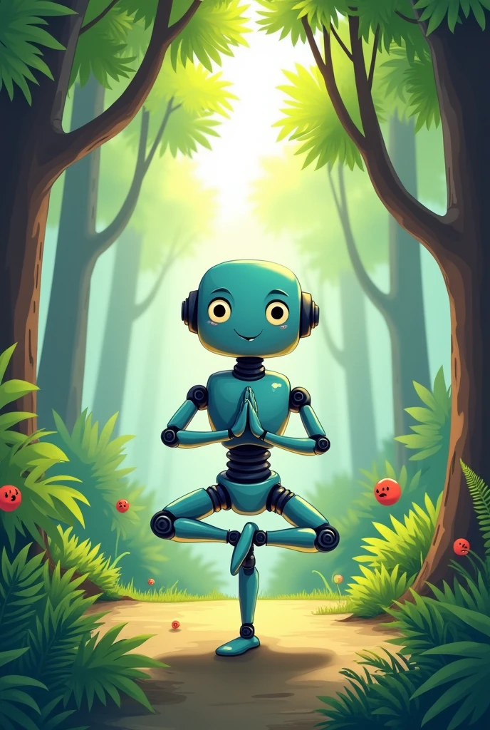 Create a robot doing yoga in the forest, Let it be a cartoon