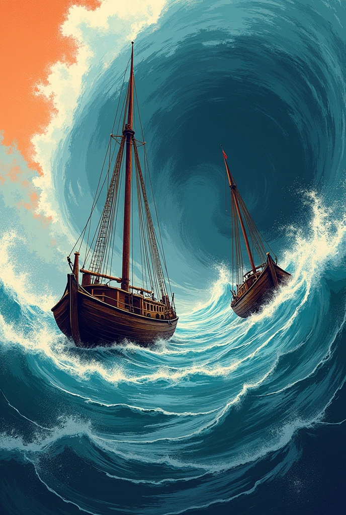 Screen print of two boats facing each other inside a whirlpool at sea