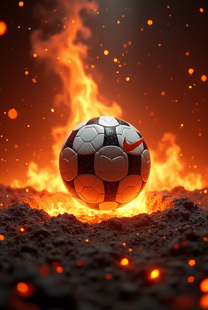 display window with a Nike ball with fire in the background as if it were a meteor with a hole in the ground