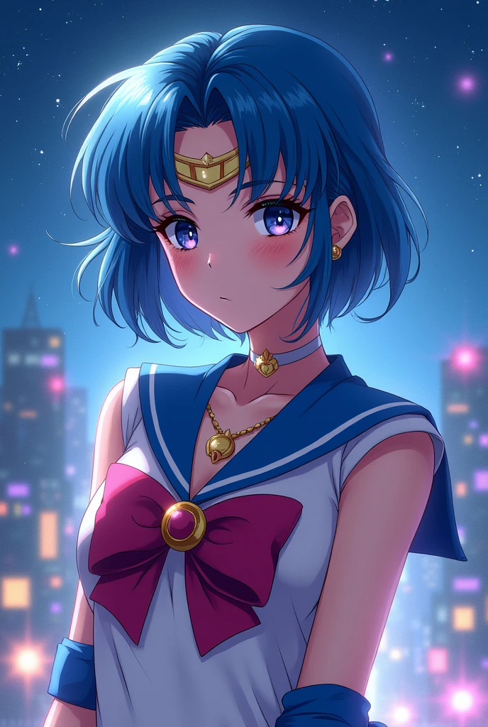 solo, 1girl), (absurdres, highres, official wallpaper, poster), (masterpiece, best quality:1.2), (illustration, realistic), (perfect details, highest detailed, extreme detailed), dramatic light, AmiMizuno, (sailor mercury, neck ribbon, blue hair, short hair, circlet, jewelry, crescent earrings), (city, starry sky), (seductive smile, blush, standing)