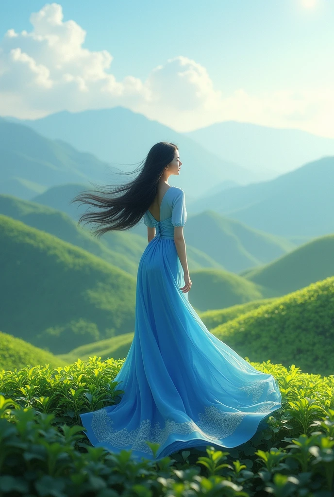 Vietnamese Ao Dai with ocean wave pattern on the hem, standing by the tea hill