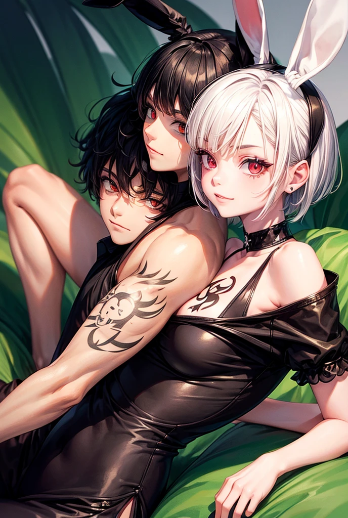 A girl with short white hair with green eyes and who is smiling with tattoos and wearing bunny clothes and who is sitting on top of a boy with black hair and red eyes and wearing a black shirt