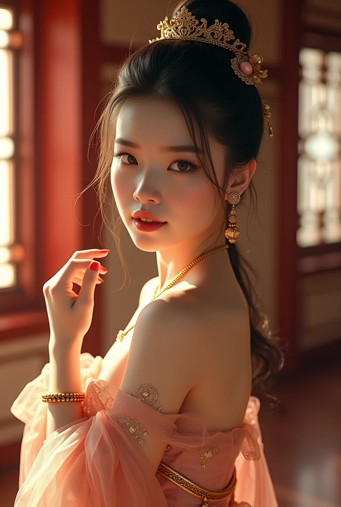 1girl,solo,lookinglookingaudience,(traditional chinese costumes:1.1),(white period costume:1.1),(transparent ribbon:1.2),(the ribbon covers the chest:1.3),cleavage,smallbreasts,upperbody,(milf:1.2),ultrarealistic8kcg,emeraldontheforehead,hairornament,necklace,earrings,bracelet,armlet,sitting,closeshot,(standing:1.3),(wholebody:1.3),movielighteffect,softlight,turningaround,beadbracelet,glovesremoved,resplendentpalacebackground,eyeball,all_fours,blush,shy,lookingaudience,